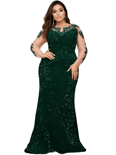 Curve Evening Party Dress Illusion Sequined Velvet Full Sleeved Maxi Gown for Women, Drestiny, Plus Size Maxi Dresses, Maxi Dresses, Long Sleeves, United States, USA, Australia, United Kingdom, UK, XL, XXL, 2XL, 3XL, XXXL, Green, Royal Blue, Claret, Dark Red, Wine Red, plus size formal gowns, plus size cocktail dresses, plus size evening dresses for women, plus size party dresses, curvy evening wear, body positivity, shopdrestiny.com